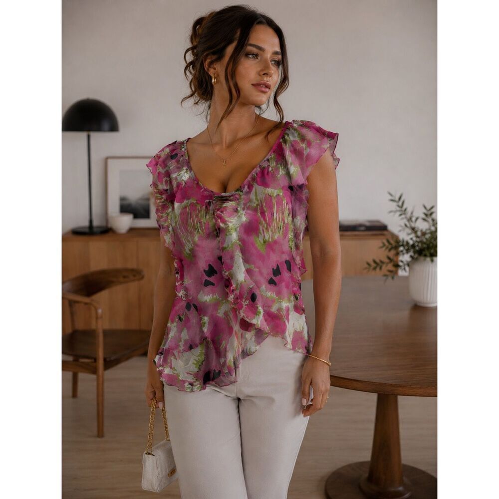 Signature by Larry Levine Womens Sz XL Satin Short Sleeve Bohemian Blouse Floral